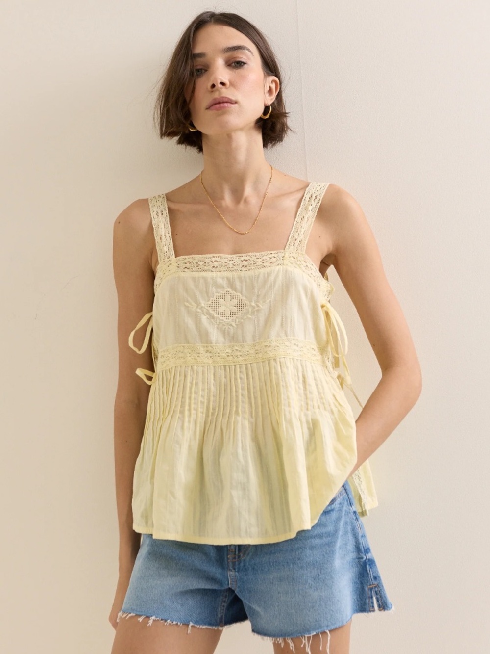 NWT Nobody's Child Butter Yellow Embroidered Lace Trim Top